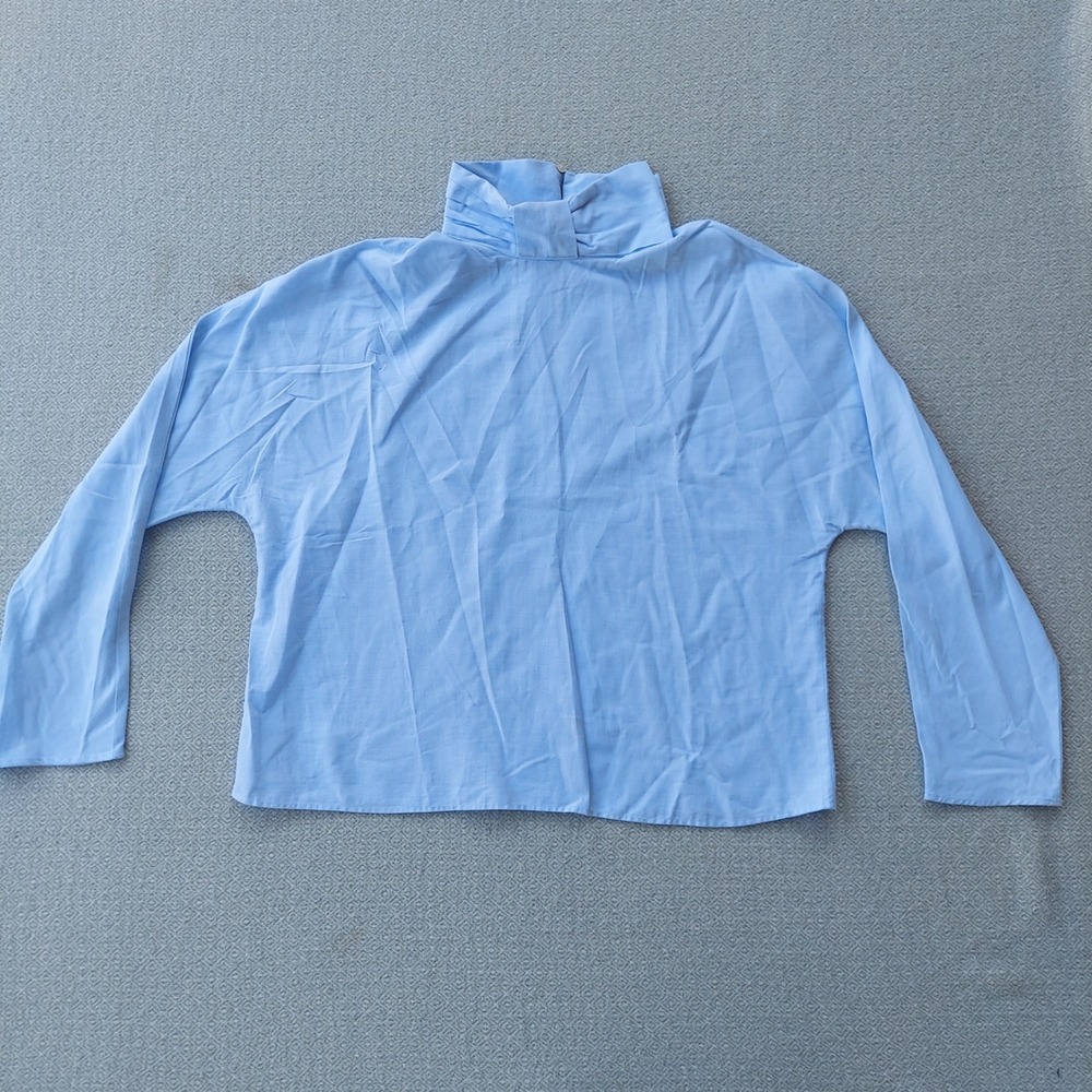 Zara Blouse Womens L Blue High Neck Bow Detail Long Sleeve Boxy Relaxed‎ Top